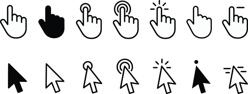 A set of various computer mouse cursor and hand icons in black and white