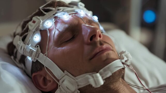 4K Ultra HD Man wearing advanced brain monitoring headset with glowing lights during sleep study or medical experiment video