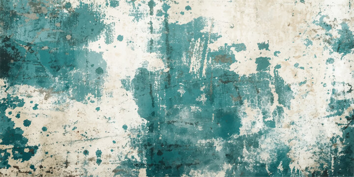 An aged blue grunge background features a weathered concrete wall texture with peeling paint and rusty metal patterns for a vintage backdrop design.