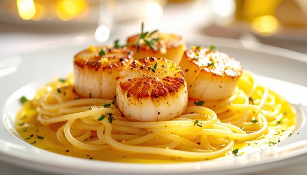 Golden pan seared sea scallops served over a bed of al dente linguine pasta with a light lemon butter sauce on a white ceramic dinner plate.