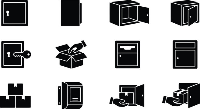 Black solid icons of parcel lockers and mailboxes, set of 12 vector elements for delivery services, secure package storage and postal box symbols
