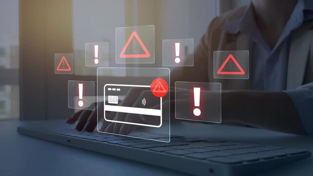 Financial scam concept showing bank card fraud,mobile phone phishing and online payment risk. Security alert, data protection and identity theft warning in digital banking.