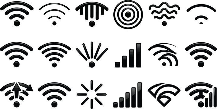 Collection of various black wifi signal strength icons