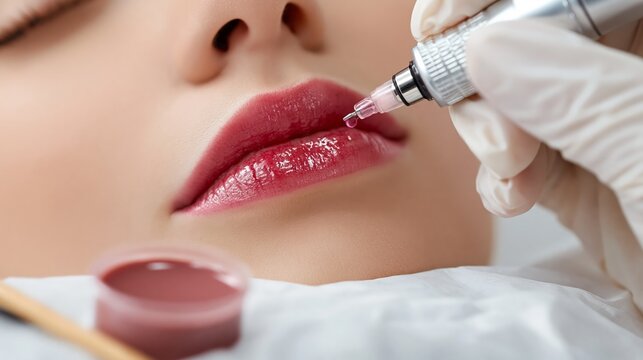 A lip blushing permanent makeup pigment procedure.