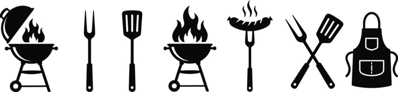 Black silhouette icons of barbecue tools and grills