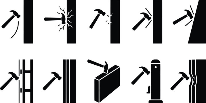 Industrial Impact Testing Hammer Symbols Vector Icon Set for Material Durability Research, Construction Quality Control & Safety Standards (EPS)