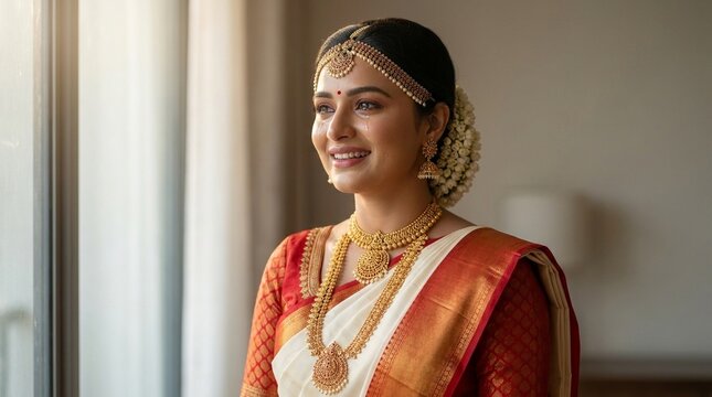 Beautiful south indian bride with tears of joy in traditional attire