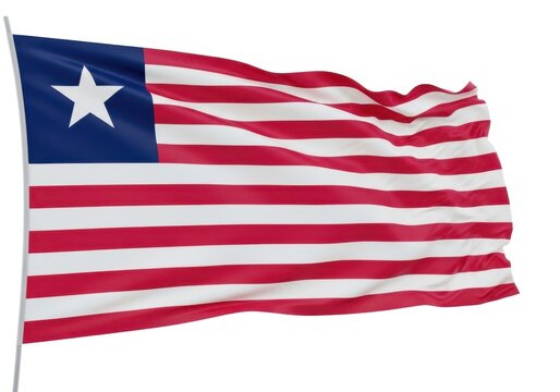 Waving flag of liberia, a national symbol featuring eleven red and white stripes and a blue square canton with a single white star
