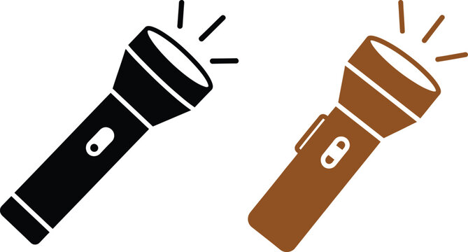 Black and brown flashlight icons showing light beam symbol for camping and emergency equipment