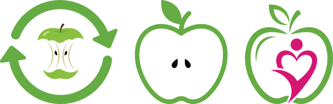 Set of green apple icons showing recycling core cross-section and healthy heart symbol