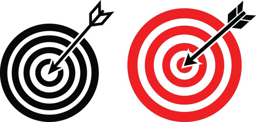Black and red target icons with arrows hitting the center for business goals and success © Progotibd303