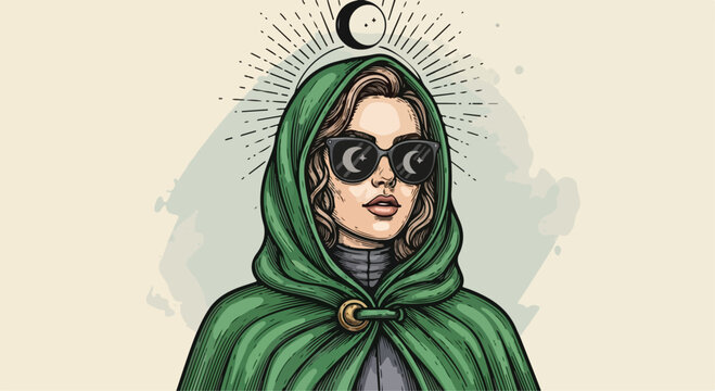 Mysterious Woman in Green Hooded Cloak and Sunglasses Vector Illustration