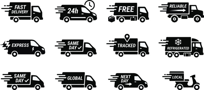 Collection of delivery truck icons with various service labels