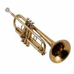 Obraz premium A shiny gold trumpet with silver valves on a white background