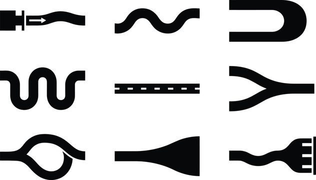 Minimalist road icons set, black highway symbols vector collection, winding path and street navigation elements for map design and traffic infographics