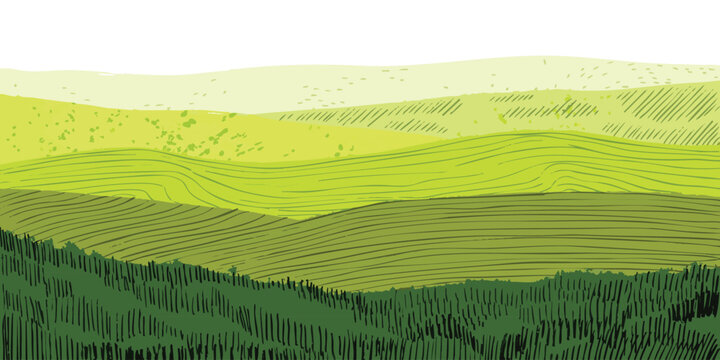 Abstract green rolling hills landscape with layered textures and geometric shapes in a modern flat design style