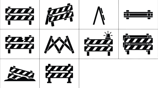 Construction barrier icon set, black and white road block vector elements, industrial safety barricade collection for site security and traffic control