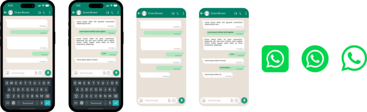 A set of instant messaging chat interfaces in clear mode, including toggling user message bubbles, along with various application icon designs