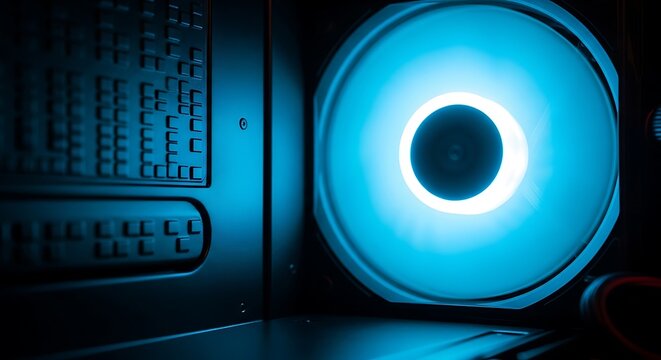 Computer case with glowing blue LED fan, internal computer hardware, technology concept, dark environment.
