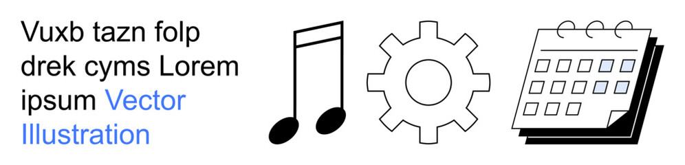 Organization, productivity, creativity, engineering, scheduling, music. Features music note, gear and calendar icons with a clean design. Productivity and creativity concept © robu_s