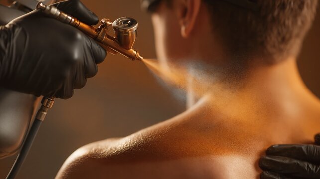 A professional spray tan bronzer application.