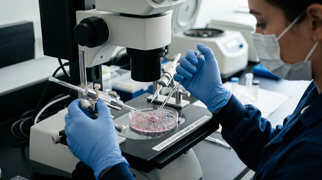 Gloved laboratory hands carefully loading CRISPR gene editing components into microinjection apparatus targeting sickle cell bone marrow sample, extreme close up showing precise therapeutic delivery