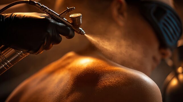 A professional spray tan bronzer application.