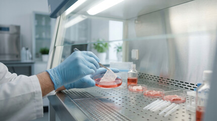 Naklejka premium Close up hands of laboratory technician manipulating cultured muscle cell scaffolding inside sterile biosafety cabinet, synthetic meat tissue samples growing on nutrient matrices, cell cultivation p