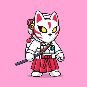 Cute Astronaut Samurai With Kitsune Mask And Katana 
Sword Cartoon