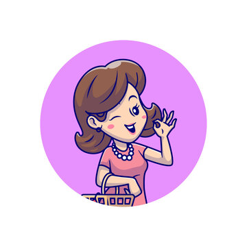 Cute Woman Shopping With Basket Cartoon 