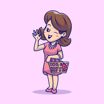 Cute Woman Shopping With Basket Cartoon 