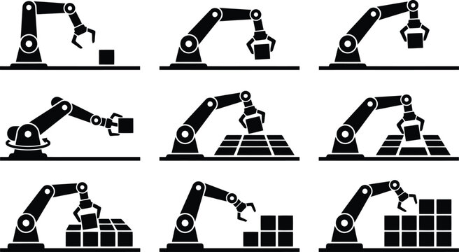 Industrial robotic arm icons set, black factory automation vector silhouettes, mechanical manipulator assembly line collection for manufacturing