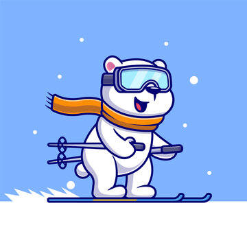 Cute Polar Bear Playing Ice Ski Cartoon 