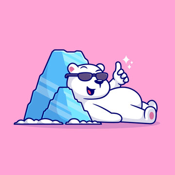 Cute Polar Bear Lay On Iceberg Cartoon 
