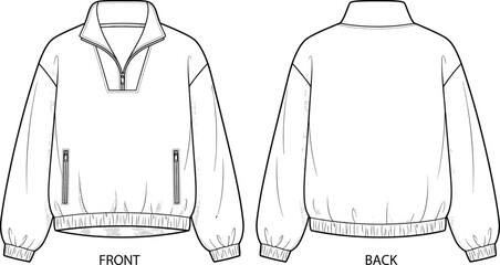 Technical Fashion Sketch of a Quarter Zip Pullover Jacket with Drop Shoulders and Elastic Hem for Design Mockup © MdAtiar