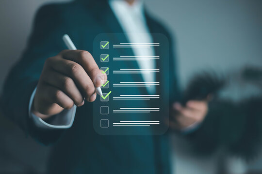 Checklist management and task completion concept with digital to do list interface, progress tracking, and workflow organization. Business productivity tool for planning, quality control, efficient