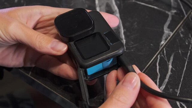Close-up of hands connecting USB-C cable to action camera port, showing charging or data transfer process, modern gadget usage, portable electronics setup, everyday tech interaction