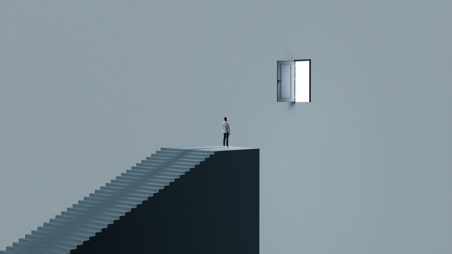 Man standing at the top of a staircase looking at an unreachable glowing door representing elusive career goals and professional vision, 3d render