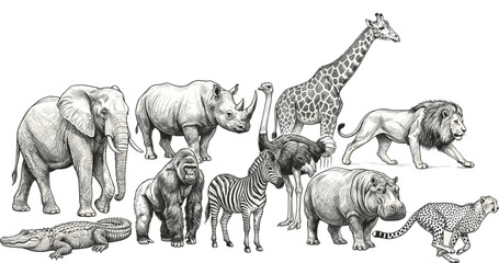 Hand Drawn Wild Animal Collection with Elephant Lion Giraffe Rhino Leopard Safari Vector Sketch Set © Rakib