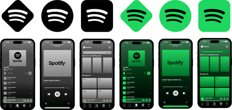 Spotify mobile app interface with dark and green themes, full screens of the music streaming platform with brand identity icons and digital audio library design