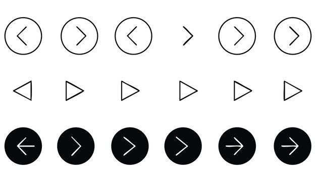 Arrow buttons icon set. Website slider navigation symbols. Next and previous rounded buttons for app. Web interface arrow buttons isolated .
