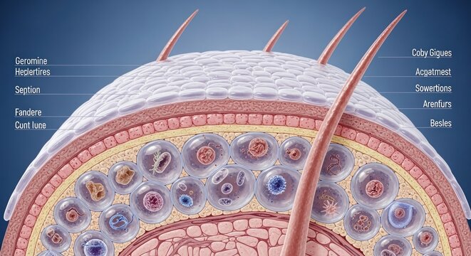 3d render of human skin layers with hair follicles, dermis, epidermis, and subcutaneous tissue, medical illustration