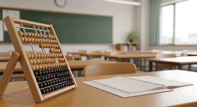 Abacus and notebook on desk in classroom, educational tool for math learning, school supplies for students, traditional counting device.