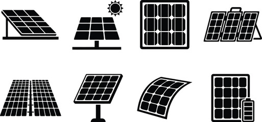 Verschiedene Solarpanel-Icons, die erneuerbare Energie, Solarenergie und Photovoltaik-Systeme darstellen, inklusive flexibler und tragbarer Designs. © Insa Batool