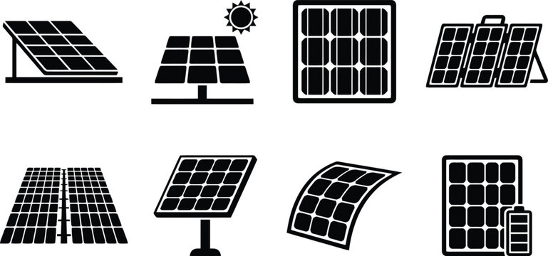 Verschiedene Solarpanel-Icons, die erneuerbare Energie, Solarenergie und Photovoltaik-Systeme darstellen, inklusive flexibler und tragbarer Designs.