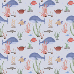 Naklejka premium Cute seamless pattern with colorful fish and flowing seaweed in a playful, childlike style. Soft shapes and bright colors create a friendly underwater world, perfect for kids.