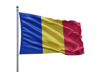 Obraz premium Waving flag of romania on a flagpole, isolated on white background