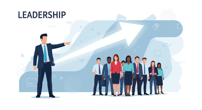 A male leader points forward, guiding a diverse business team towards growth and success, illustrating effective leadership and teamwork.