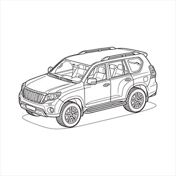 Line drawing of a four door SUV vehicle with roof rack and tires