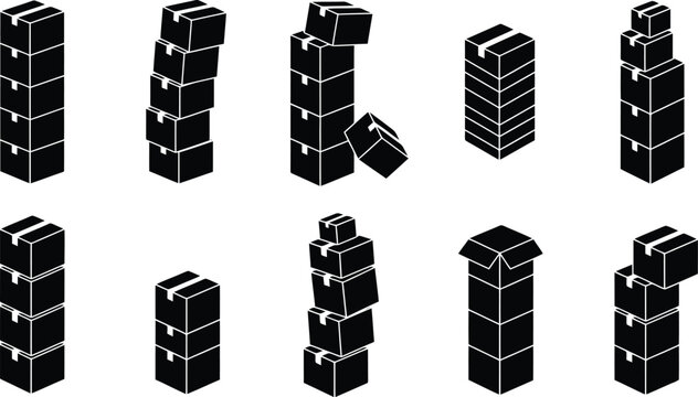 Black cardboard box icons set, isometric delivery package stacks, shipping parcel silhouettes for logistics and warehouse storage concepts